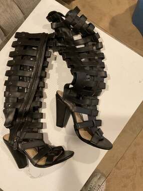 Michael Antonio Kimiko Black Tall Caged Gladiator Heeled Sandals